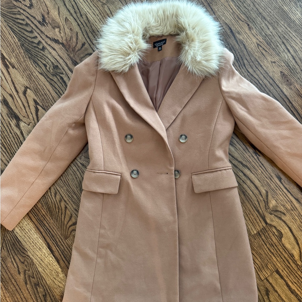 Topshop Camel Pea Coat with Faux Fur Collar
